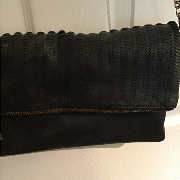 Black leather folded purse with brass colored chain. - Picture 3 of 8